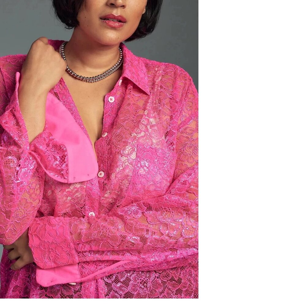 By Anthropologie Metallic Lace Buttondown Shirt pink size XSP PXS new nwt - Picture 6 of 9